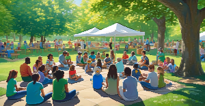A diverse group of community members participating in a health workshop in a sunny park, surrounded by greenery and flowers.