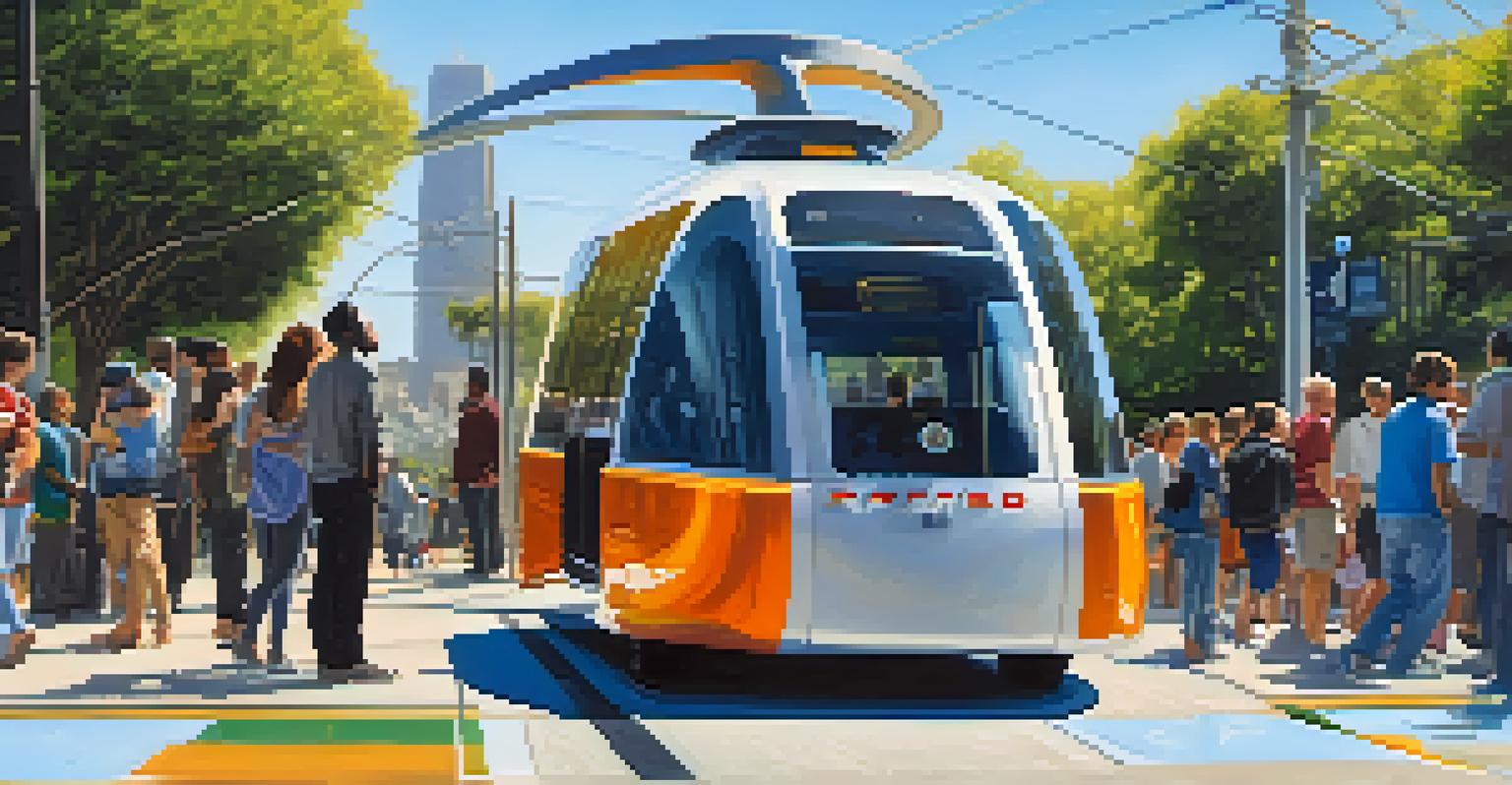 A modern autonomous shuttle in San Francisco with people waiting at a stop and urban greenery.
