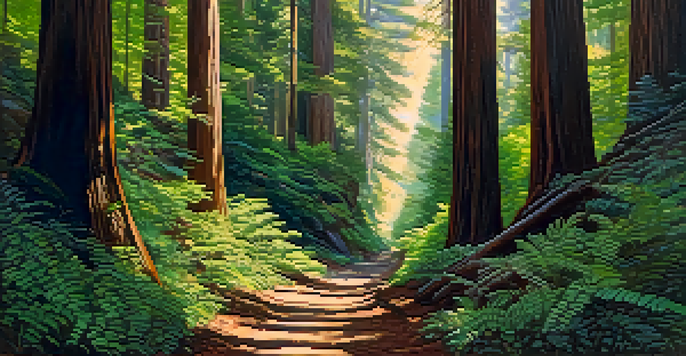 A family exploring the towering redwood trees in Muir Woods, with sunlight filtering through the leaves and a well-maintained trail.
