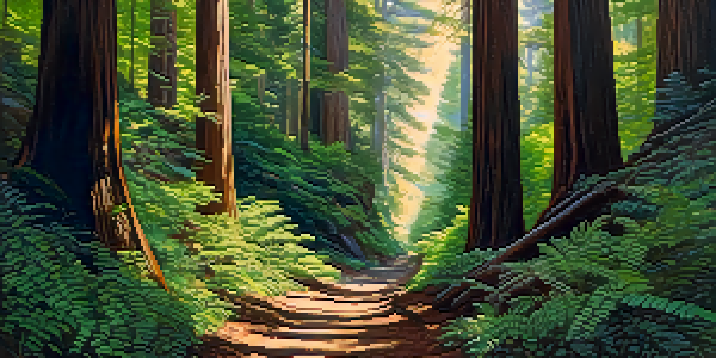 A family exploring the towering redwood trees in Muir Woods, with sunlight filtering through the leaves and a well-maintained trail.