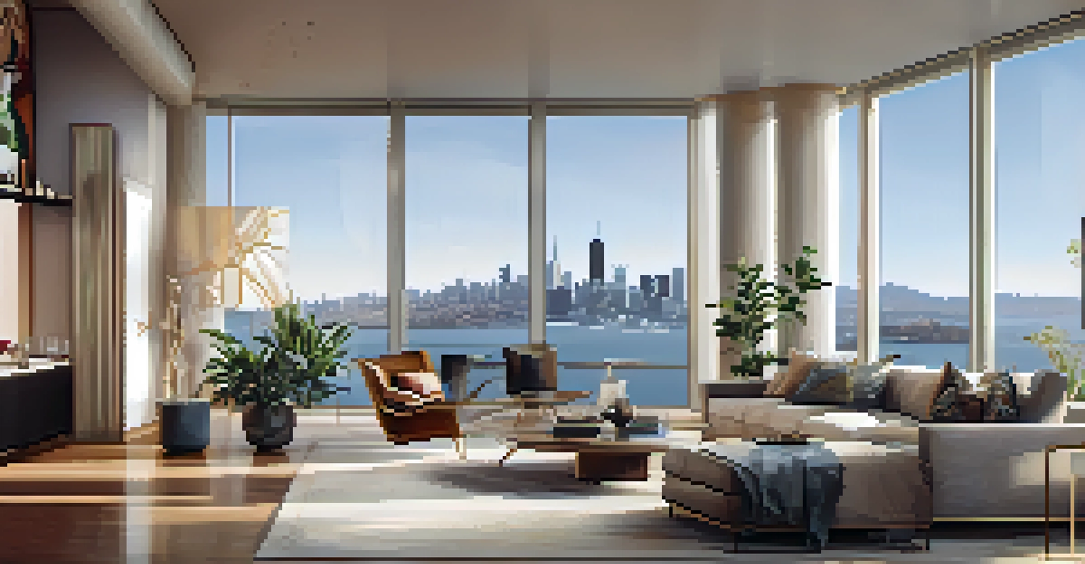 A modern living room with large windows showing the San Francisco skyline, filled with natural light and stylish decor.