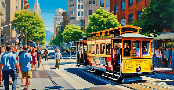 A busy San Francisco street with cable cars, colorful buildings, and pedestrians under a clear blue sky.