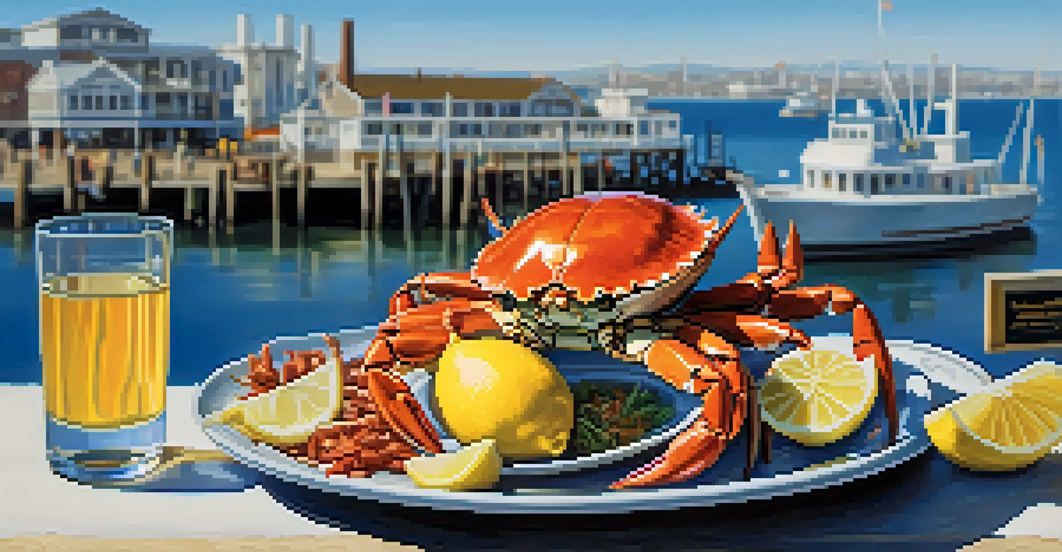 A plate of Dungeness crab with lemon wedges and a glass of white wine, set against the lively backdrop of Fisherman's Wharf and the San Francisco Bay.