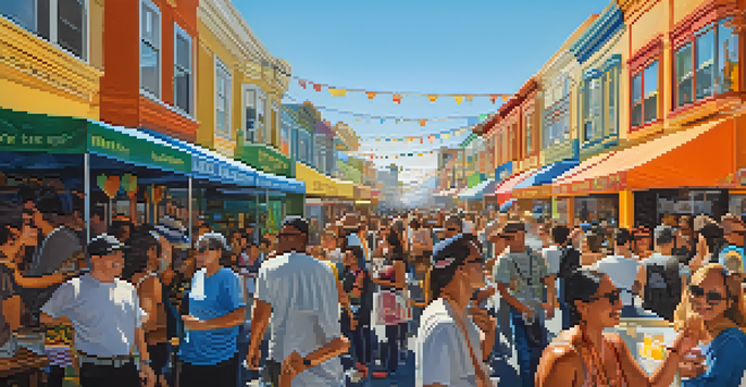 A lively street festival in the Mission District, featuring colorful murals, diverse people, and food stalls under a clear blue sky.