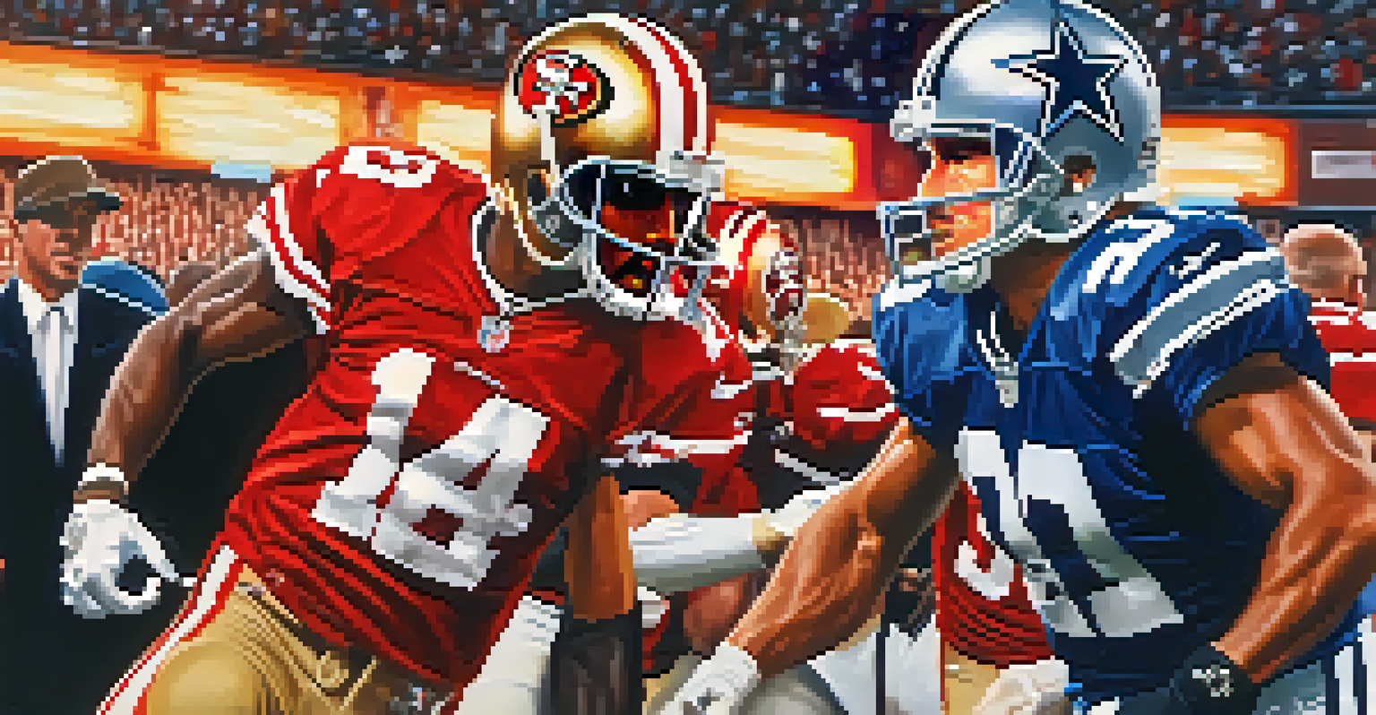 An action-packed scene of a rivalry game between the San Francisco 49ers and Dallas Cowboys, showing players in mid-play with a blurred crowd in the background.