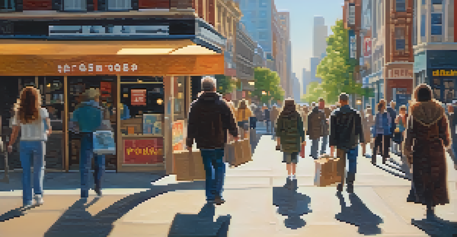 A close-up image of a hand holding a cardboard sign in a busy city street, with blurred pedestrians in the background.
