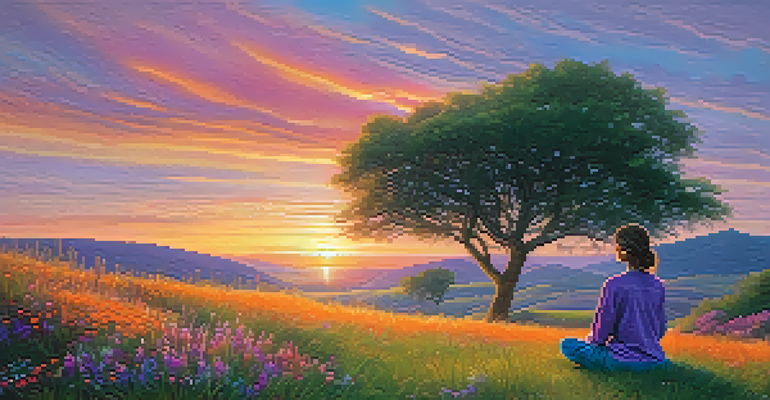 A person meditating on a grassy hill during sunset, surrounded by wildflowers, symbolizing tranquility and mental well-being.