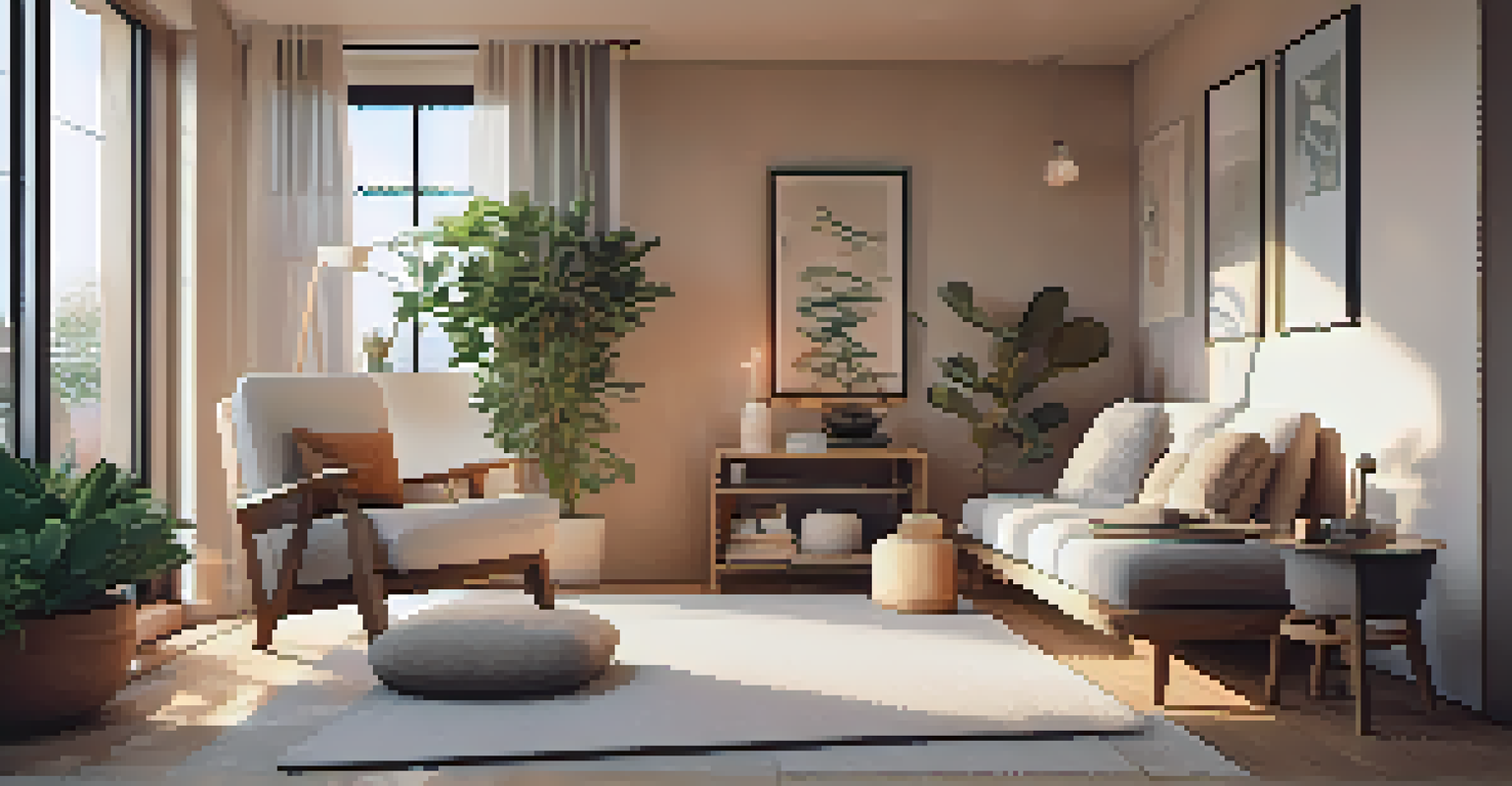 A cozy mindfulness corner in a modern apartment with an armchair, plants, and soft lighting, perfect for meditation.