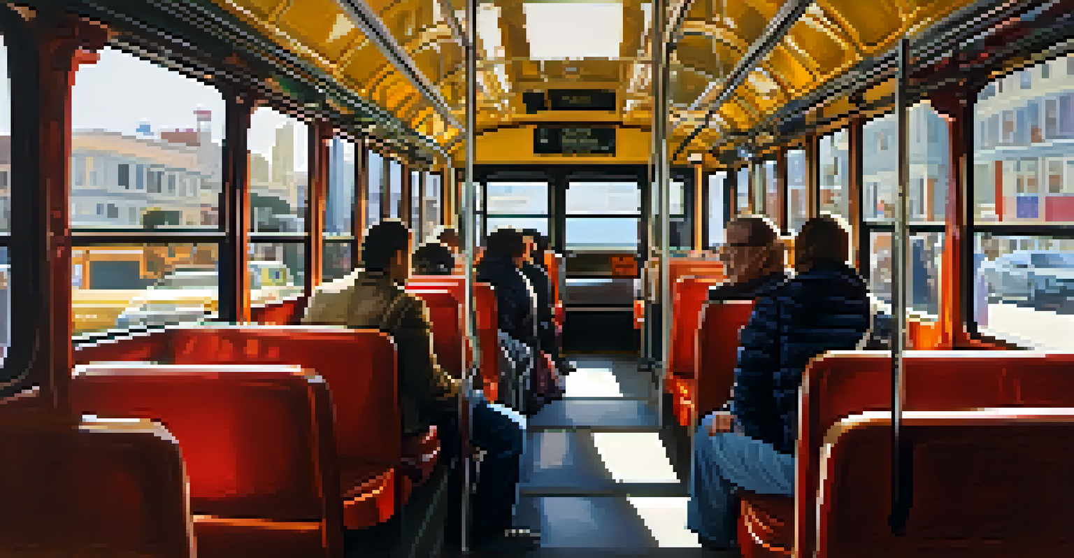 A crowded Muni bus in San Francisco during late afternoon, showcasing passengers from various backgrounds in a warm light.