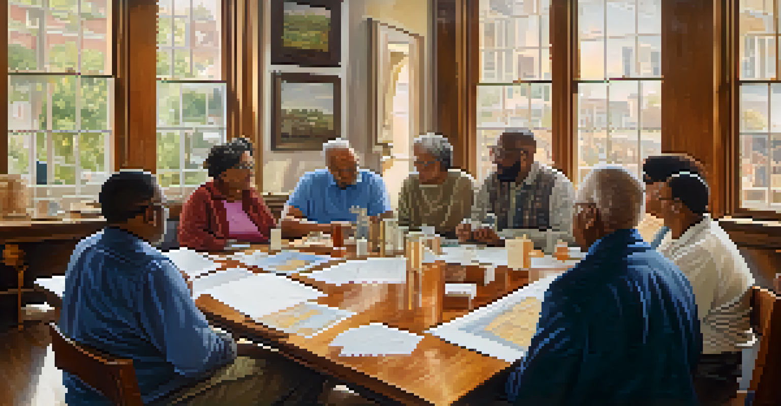 A diverse group of residents at a community meeting discussing historic preservation, with blueprints and photographs on the table.