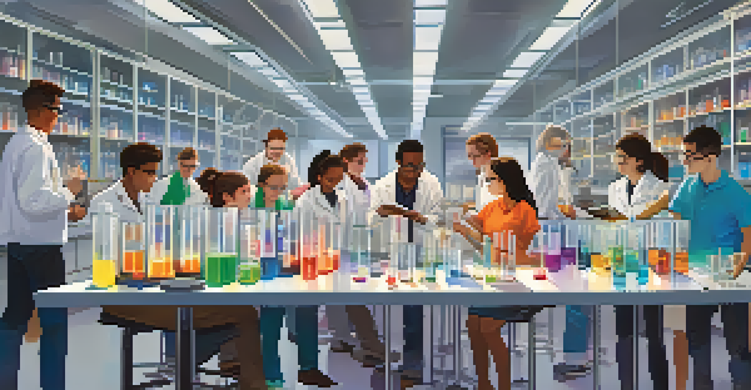 Students of diverse backgrounds conducting a hands-on science experiment in a colorful laboratory, engaging with one another and using scientific equipment.
