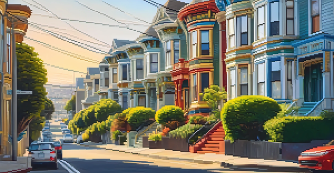 A vibrant street showcasing historic Victorian houses in San Francisco, bathed in warm golden light.