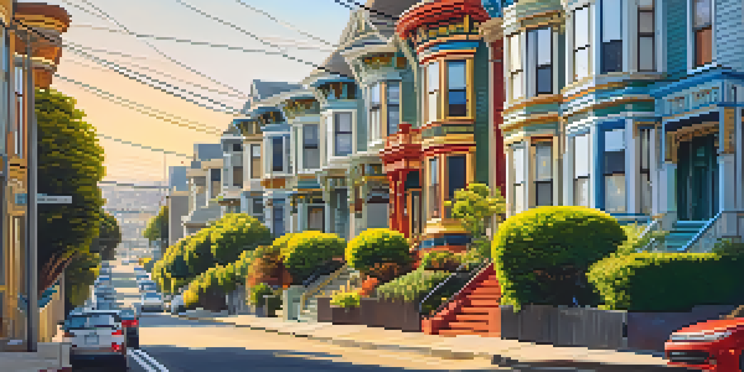 A vibrant street showcasing historic Victorian houses in San Francisco, bathed in warm golden light.
