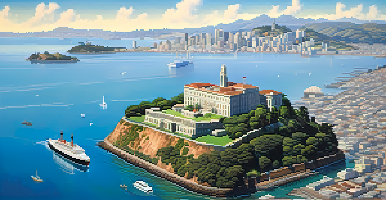 Aerial view of Alcatraz Island with the San Francisco skyline in the background.