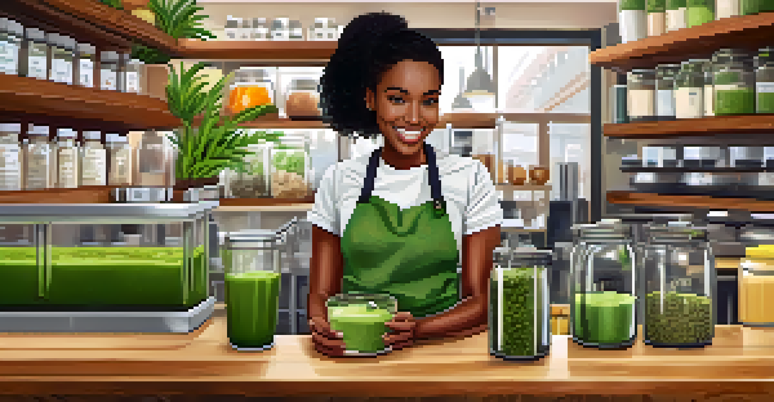 A barista making a green smoothie in a warm, inviting vegan cafe.
