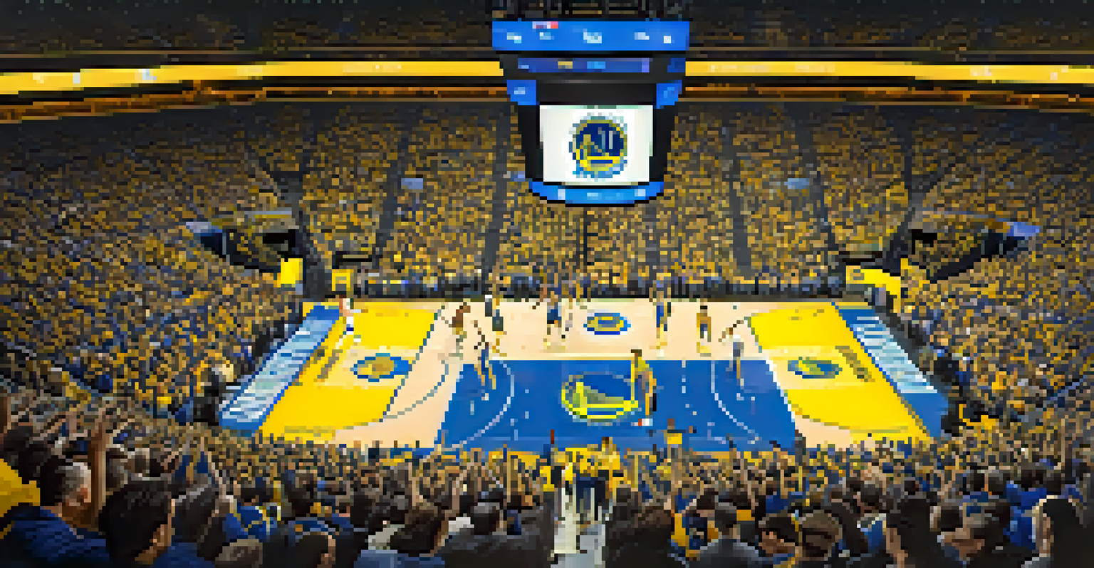 A thrilling basketball game at Chase Center with Warriors players in action and enthusiastic fans waving banners.