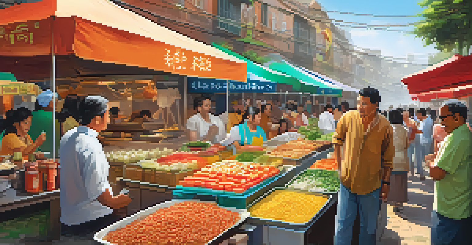 A vibrant food market with local vendors showcasing unique dishes for a food challenge, filled with people tasting and discussing the offerings.