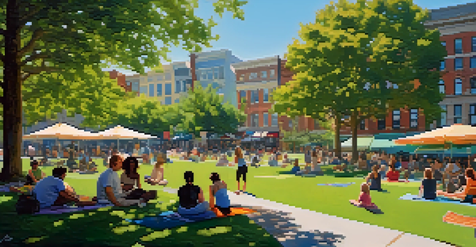 A lively public square with people enjoying a picnic, practicing yoga, and looking at art, surrounded by greenery and under a sunny sky.