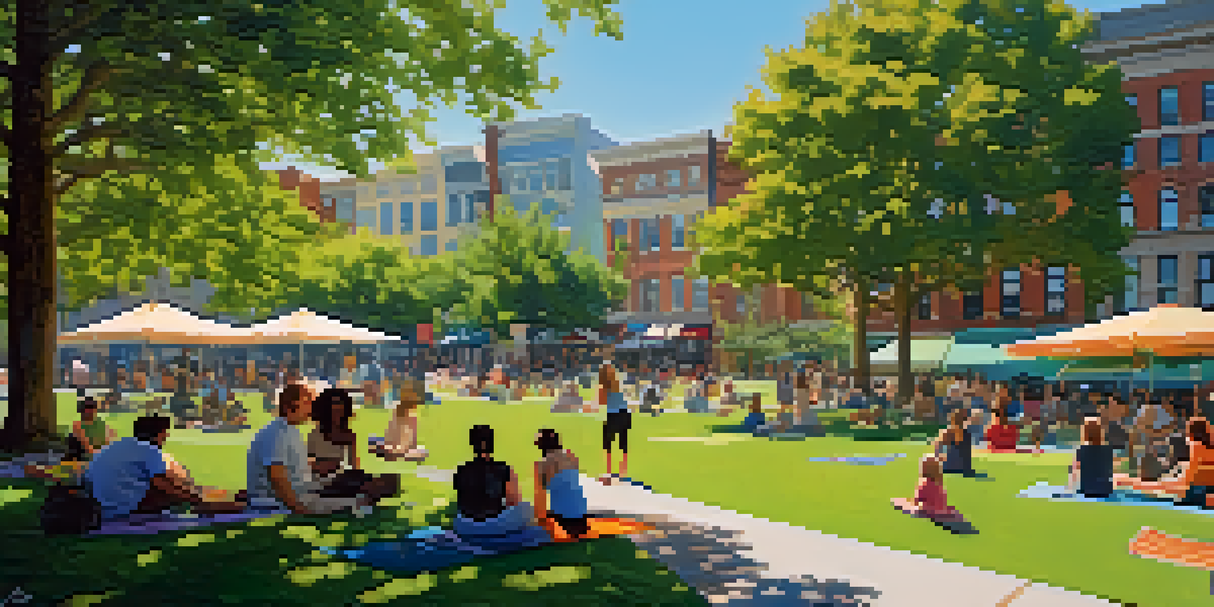 A lively public square with people enjoying a picnic, practicing yoga, and looking at art, surrounded by greenery and under a sunny sky.