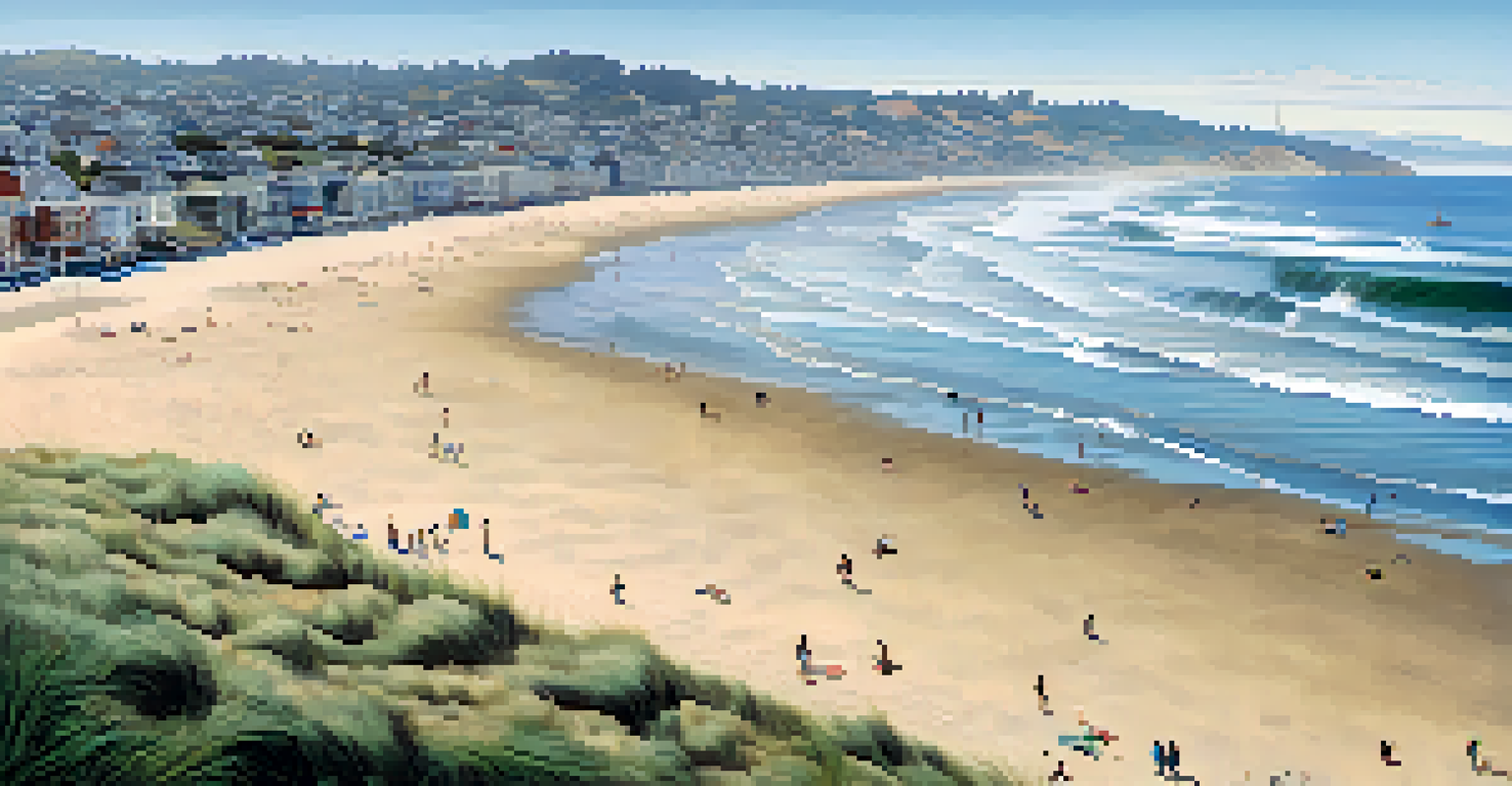 An aerial view of a beach in San Francisco showing erosion, with sand, waves, and beachgoers.
