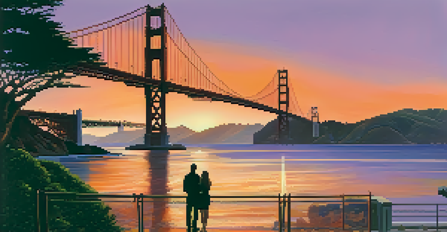 A sunset view of the Golden Gate Bridge with a couple silhouetted in the foreground, surrounded by greenery.