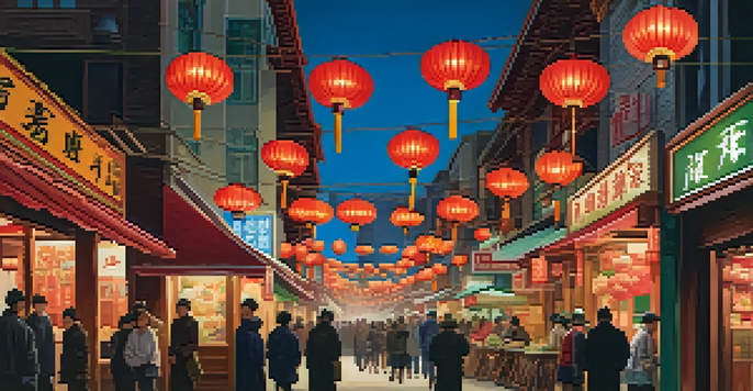 A busy street in San Francisco's Chinatown filled with colorful lanterns and food stalls offering dim sum.