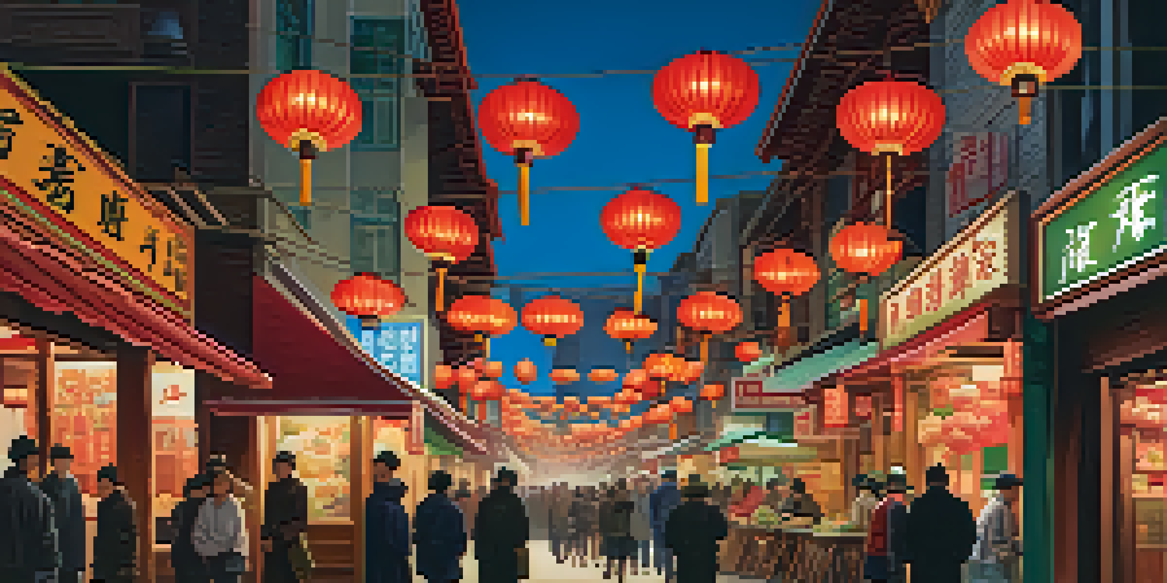 A busy street in San Francisco's Chinatown filled with colorful lanterns and food stalls offering dim sum.