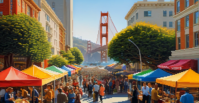 A lively San Francisco street filled with diverse entrepreneurs at a networking event, with the Golden Gate Bridge in the background and colorful banners.