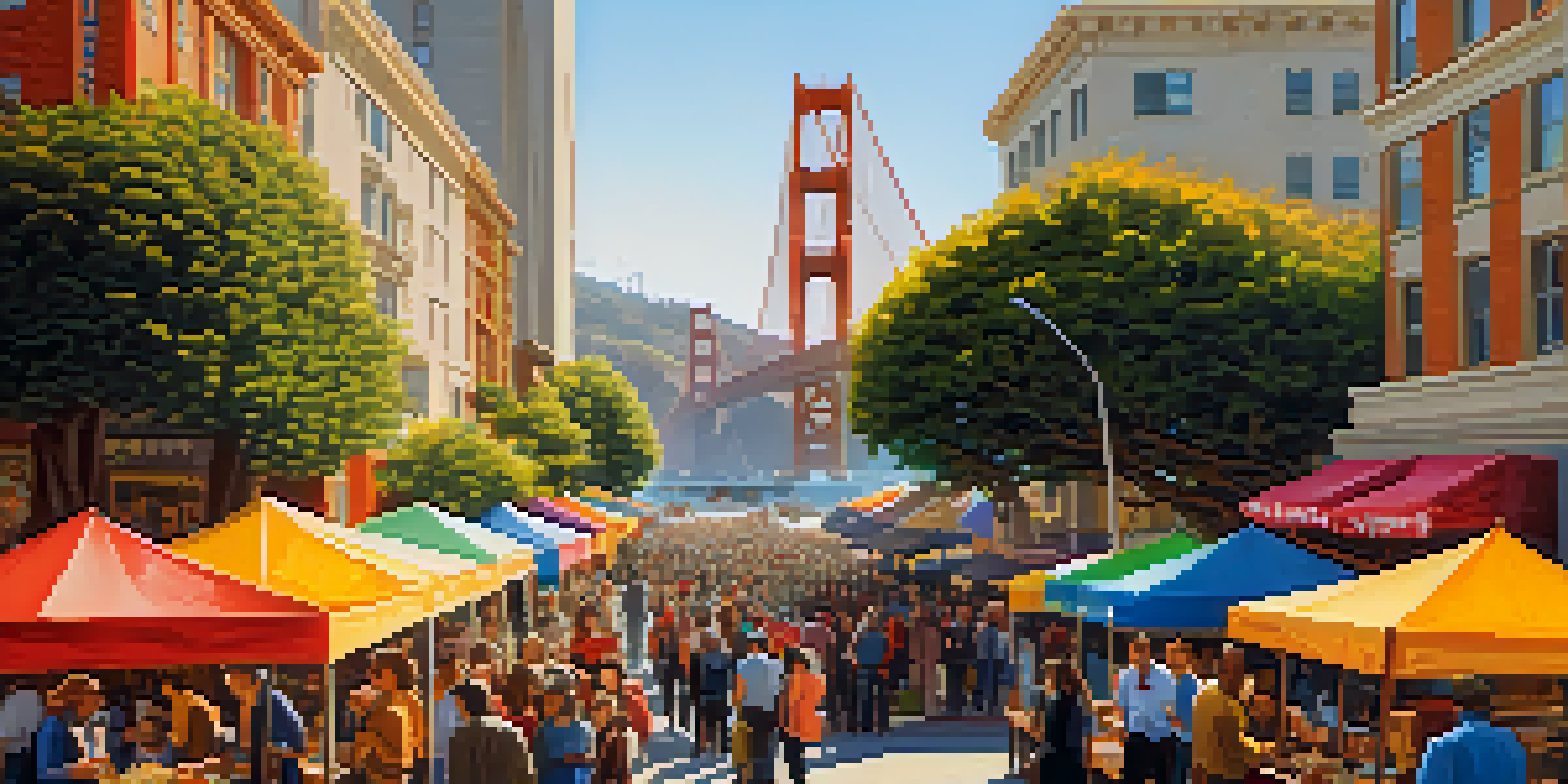 A lively San Francisco street filled with diverse entrepreneurs at a networking event, with the Golden Gate Bridge in the background and colorful banners.