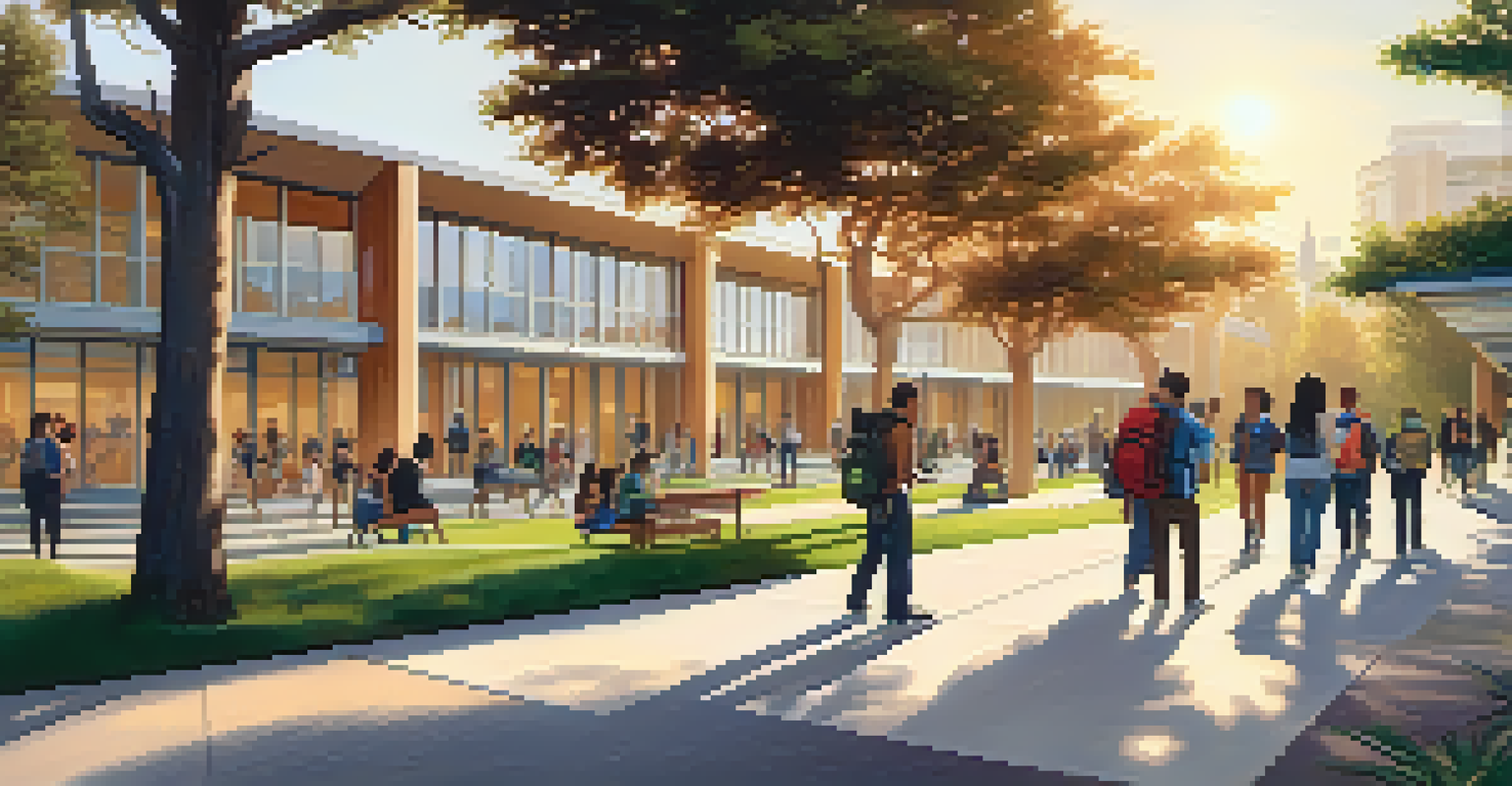 A community college campus with modern buildings and students interacting outdoors during sunset, surrounded by greenery.