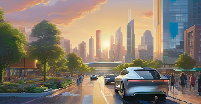 A city view with self-driving cars navigating streets surrounded by modern buildings and greenery.