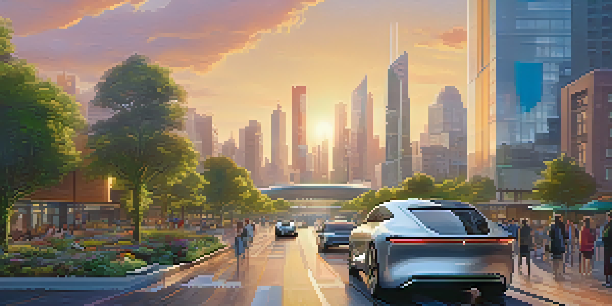 A city view with self-driving cars navigating streets surrounded by modern buildings and greenery.