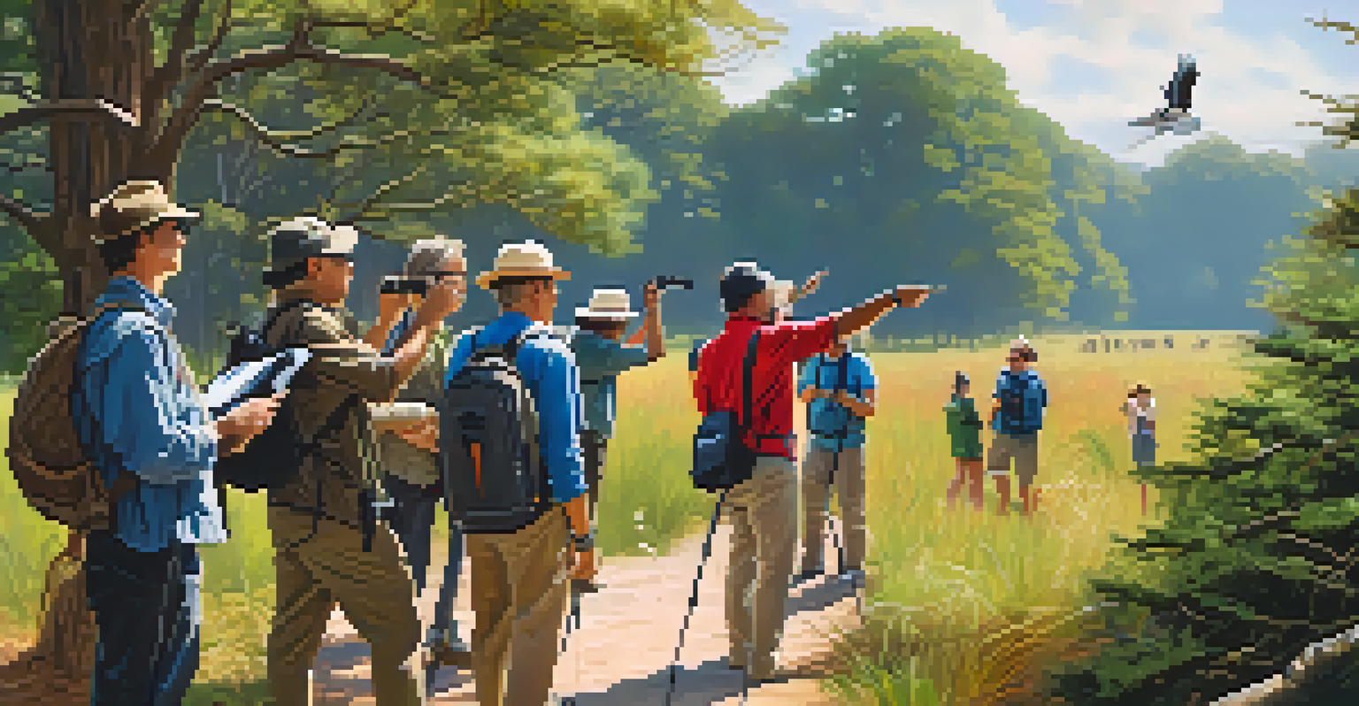 A group of visitors on a guided nature tour, observing birds in a lush forest.