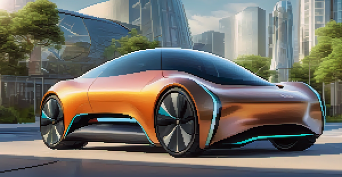 A futuristic electric vehicle parked in a modern city with greenery and charging stations, highlighting sustainable technology.