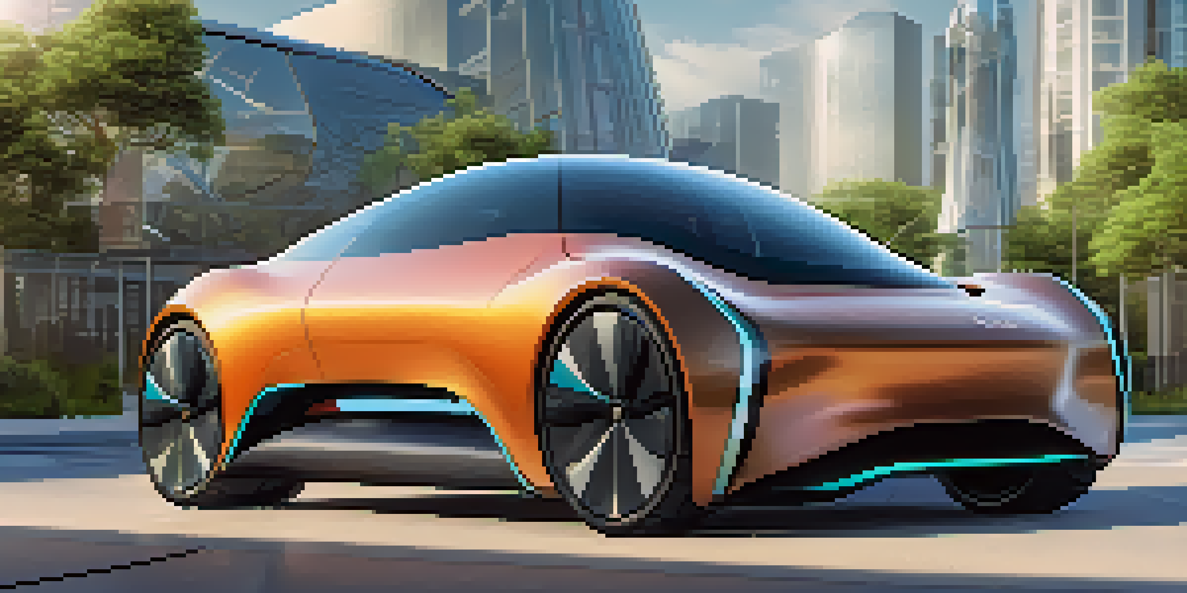 A futuristic electric vehicle parked in a modern city with greenery and charging stations, highlighting sustainable technology.