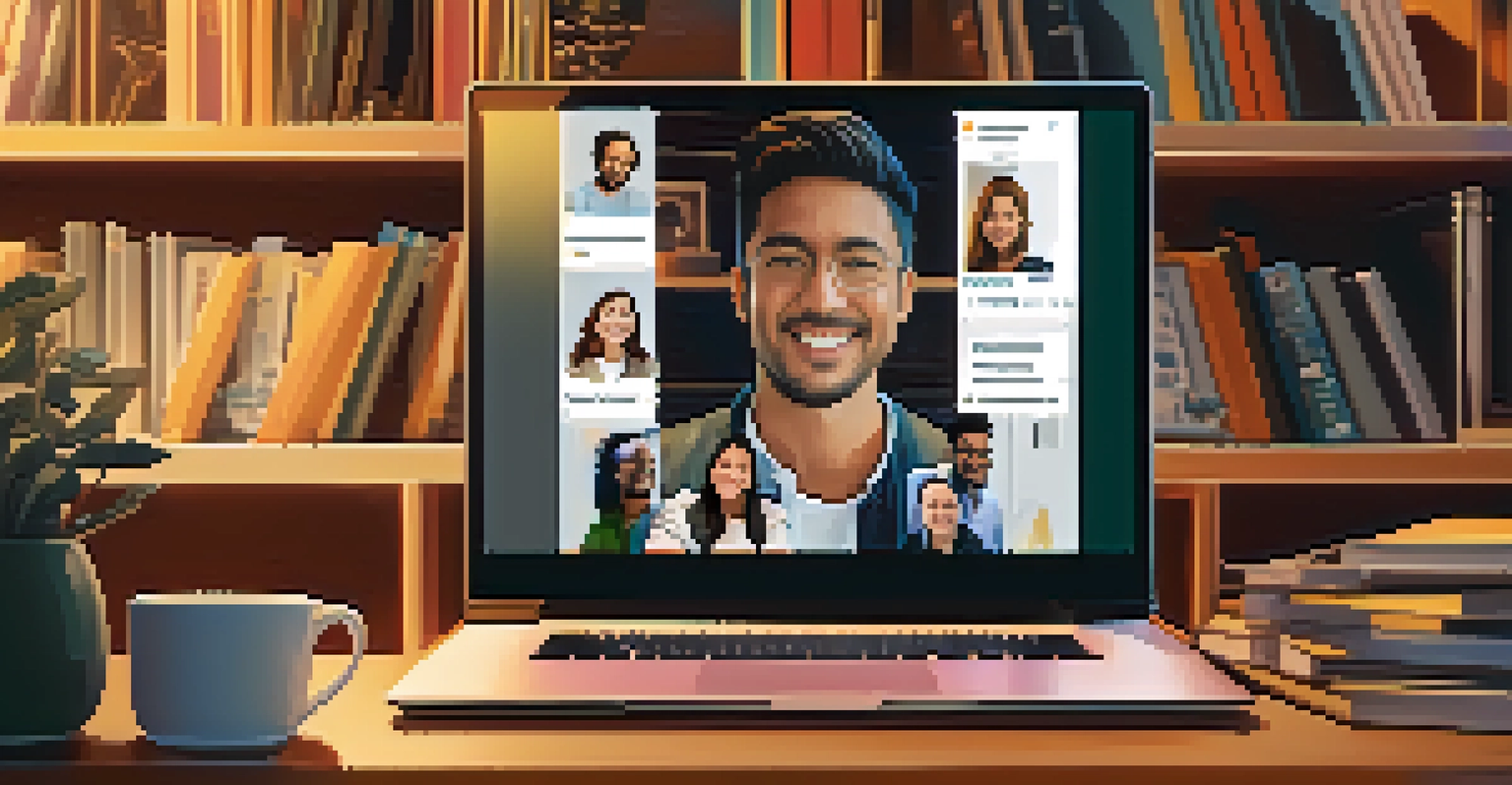 A close-up of a laptop screen during a video call between startup founders, set in a cozy home office filled with books and decorations.