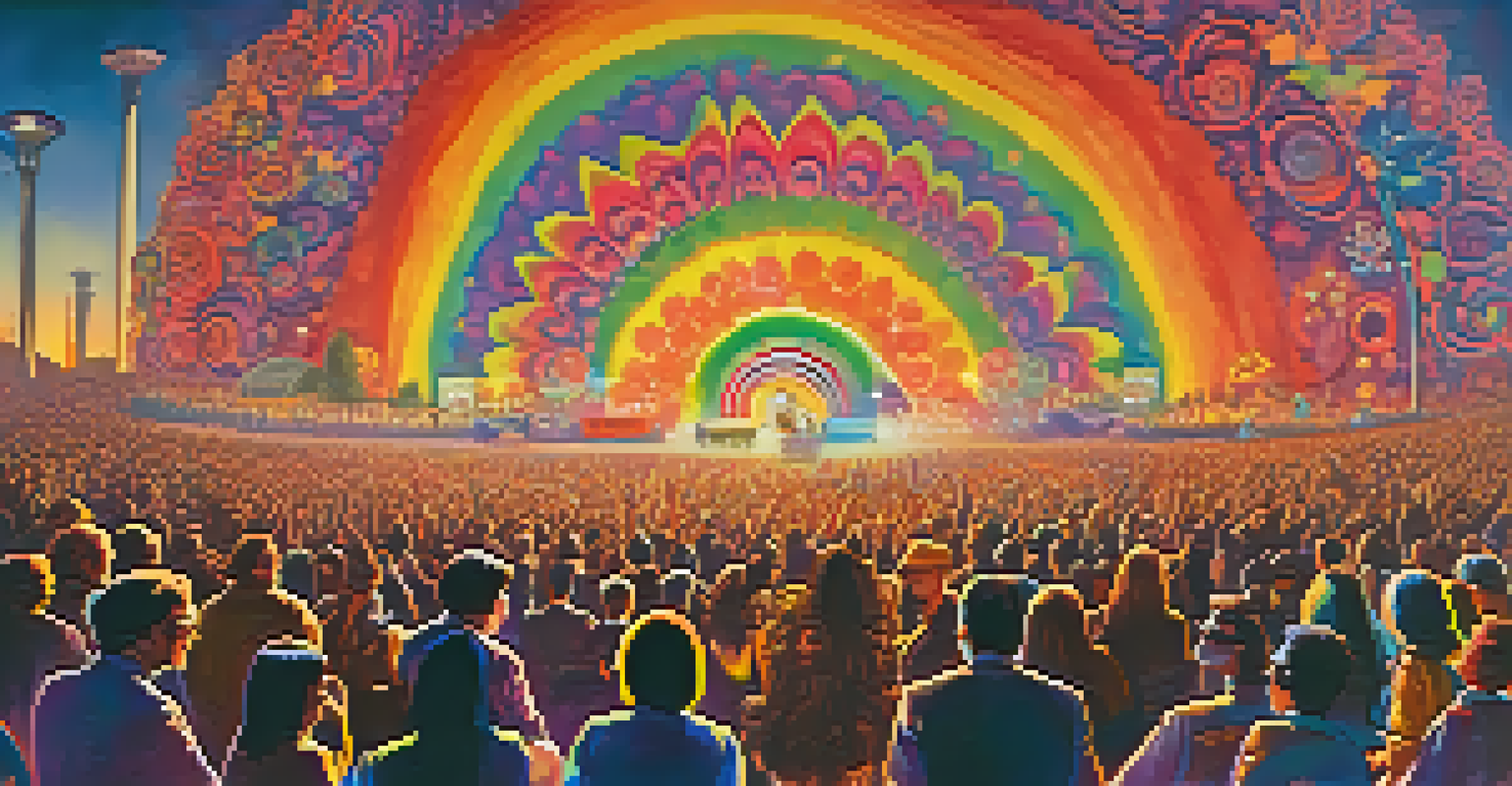 A psychedelic rock concert in 1960s San Francisco with a band on stage, colorful lights, and an audience in tie-dye clothing celebrating together.