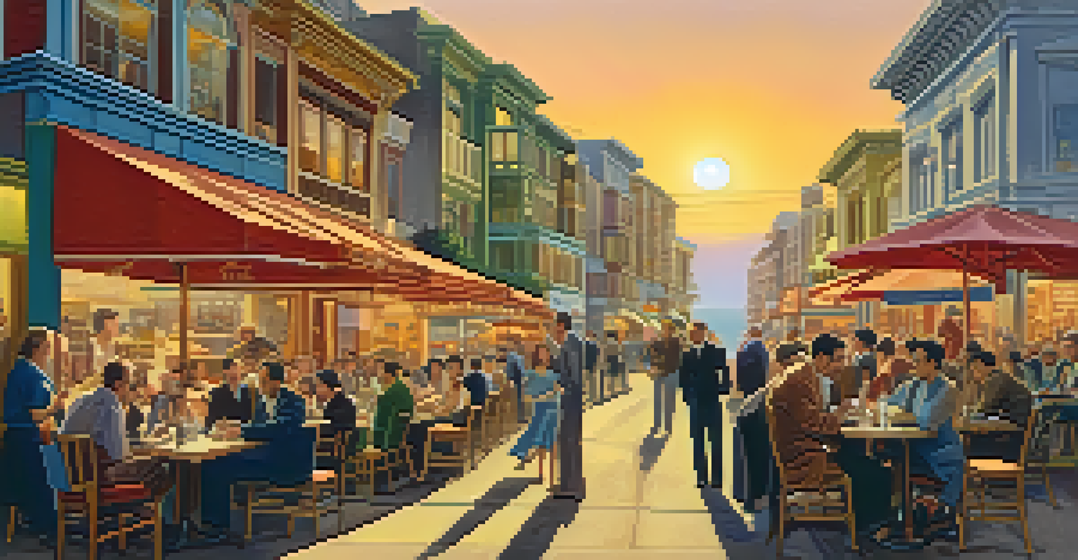 A lively outdoor scene at Vesuvio Cafe in North Beach, with poets and artists sharing ideas, colorful murals, and a sunset backdrop.