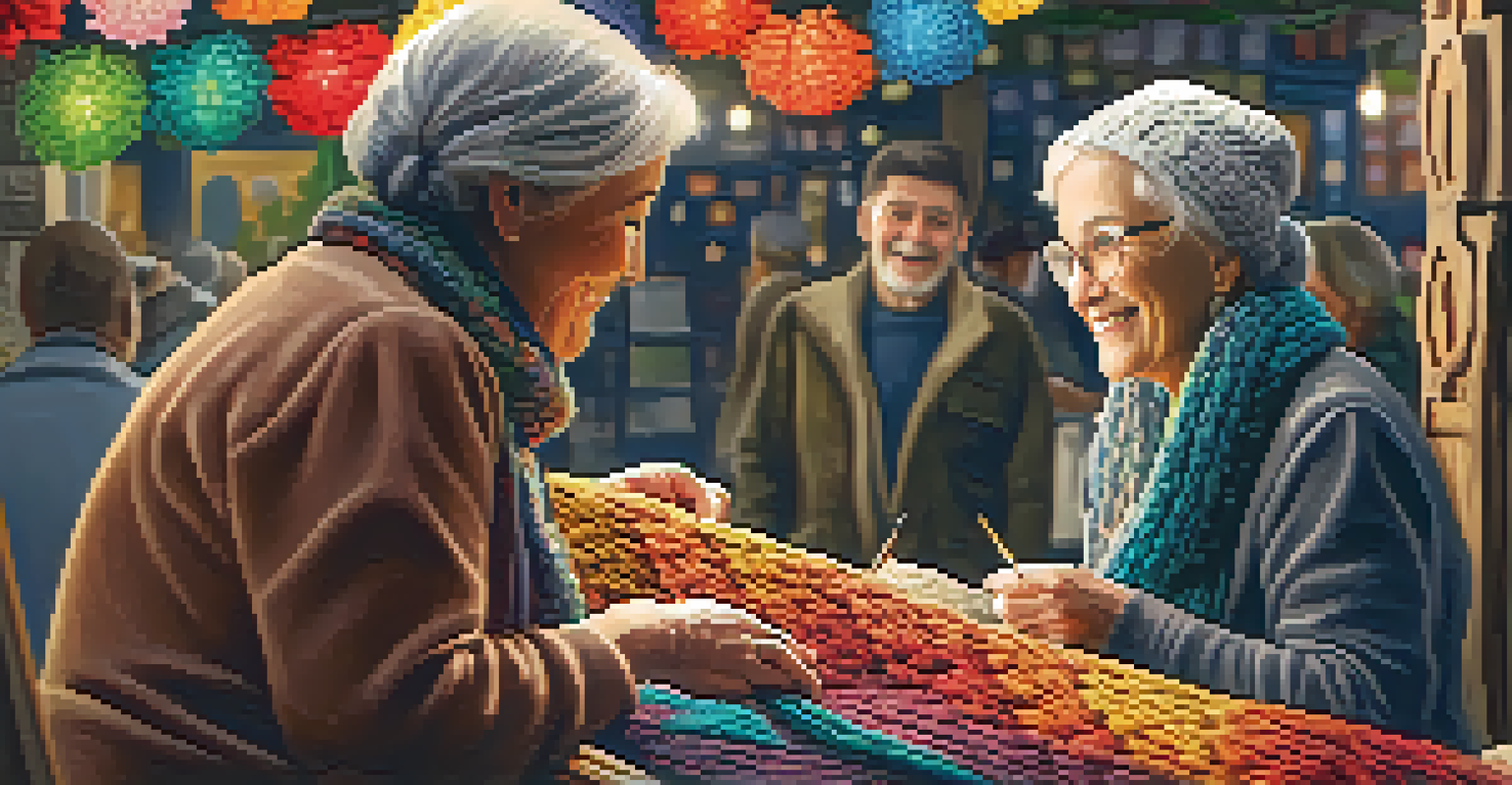 An artisan and a customer sharing a story over a hand-knitted scarf in a craft market, with warm lighting and a variety of handmade crafts in the background.