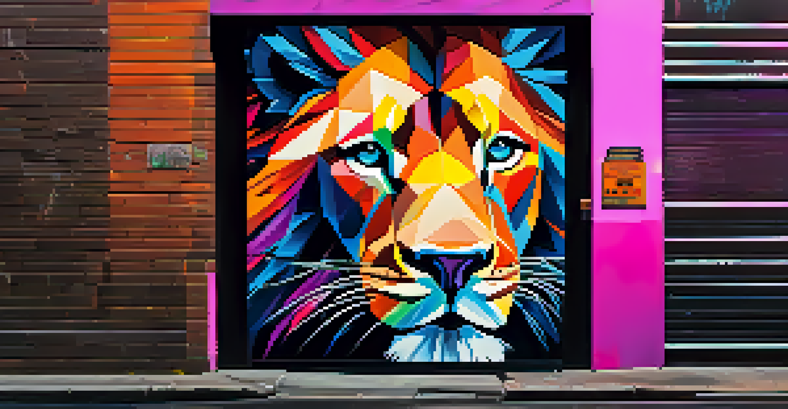 An urban alley with a geometric mural of a lion's face illuminated by neon lights.