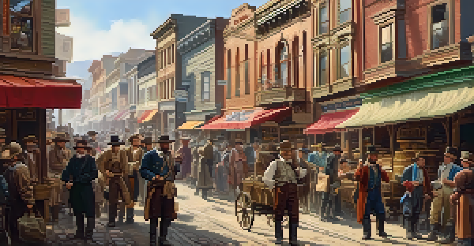 A busy street during the Gold Rush era with people in period clothing and 19th-century storefronts.