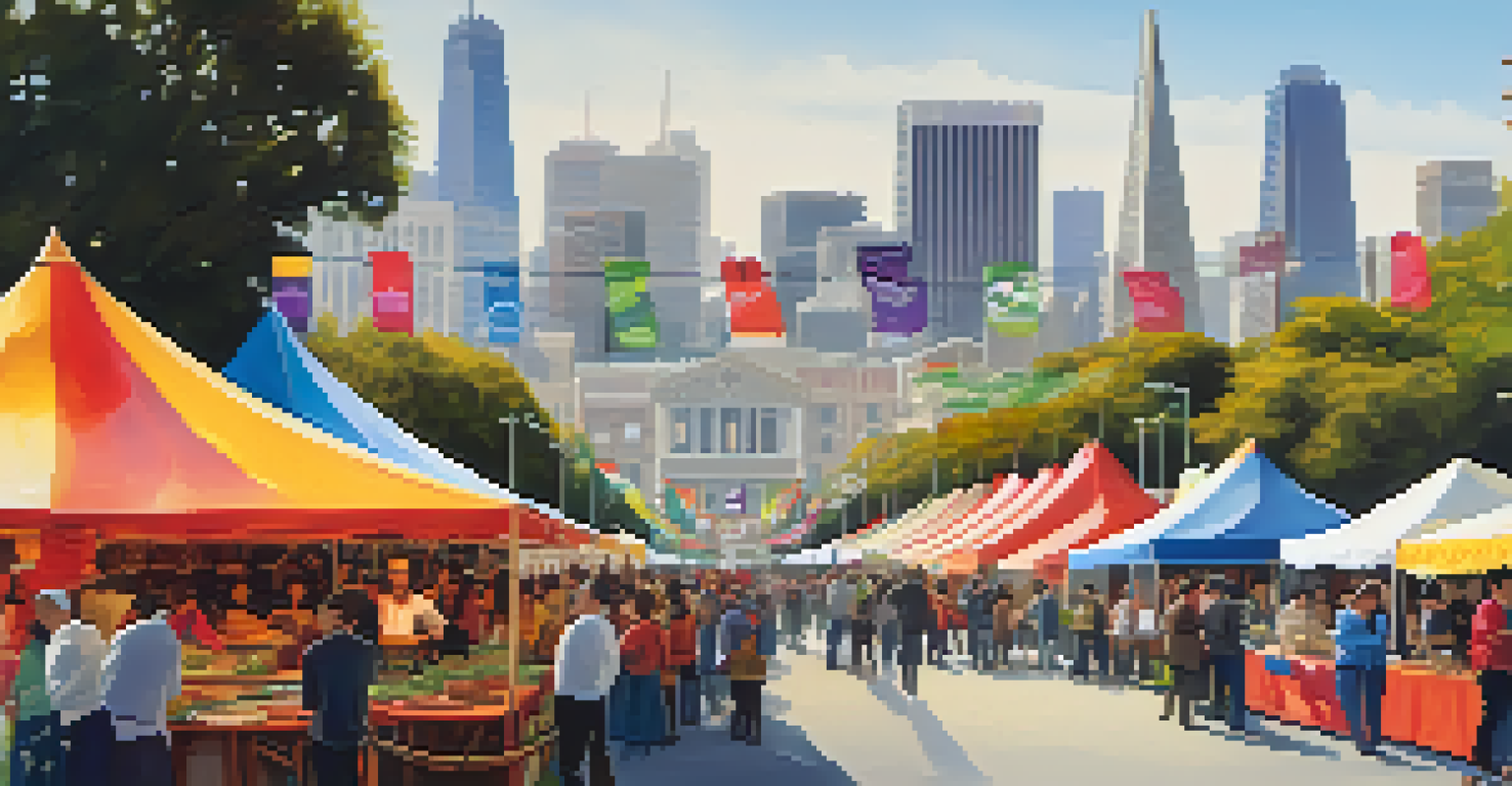 A lively food festival in San Francisco with chefs cooking and attendees sampling dishes from various cultures.