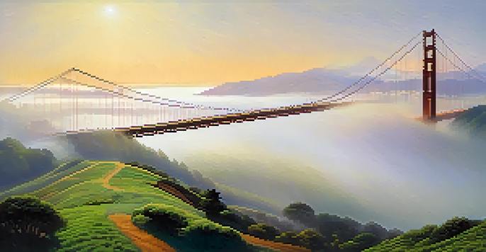 A foggy view of San Francisco featuring the Golden Gate Bridge and the city skyline, with soft sunlight illuminating the scene.