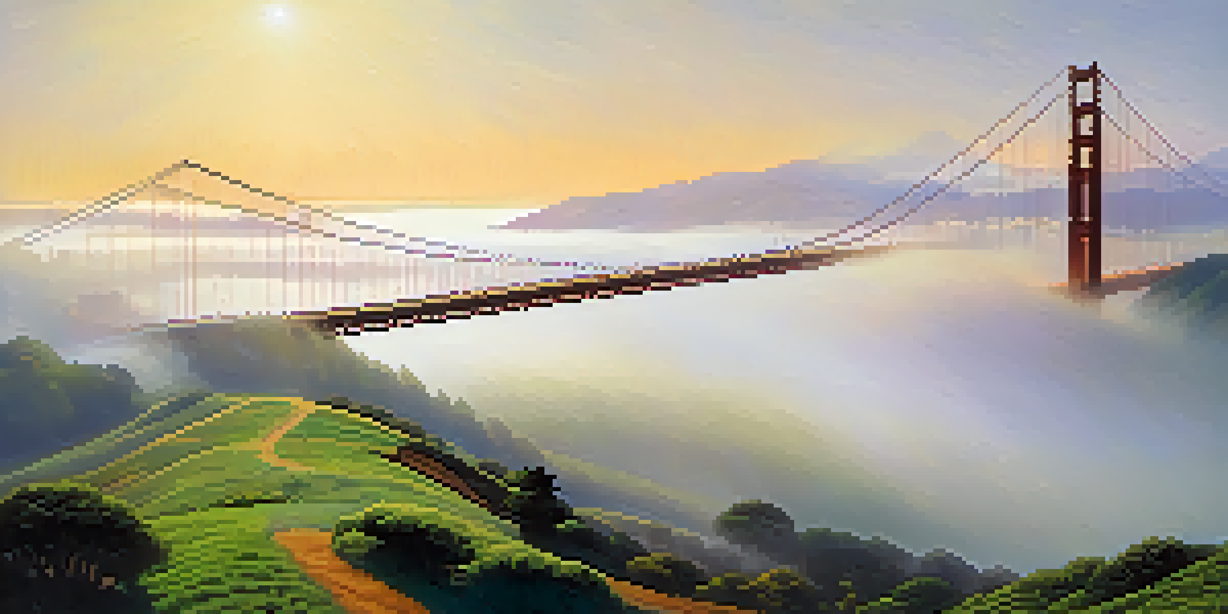 A foggy view of San Francisco featuring the Golden Gate Bridge and the city skyline, with soft sunlight illuminating the scene.