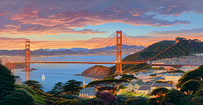 A sunset view of the Presidio of San Francisco with historic military structures and the Golden Gate Bridge in the background.