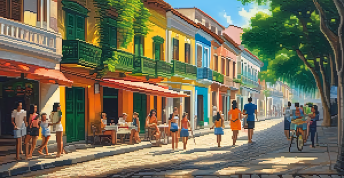 A lively street scene in Brazil featuring a local family and a French exchange student, surrounded by colorful decorations and lush greenery.
