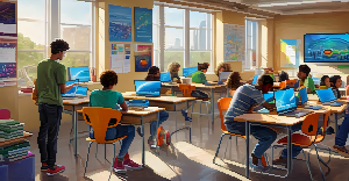 A vibrant classroom where students of diverse backgrounds are learning technology, with laptops and digital devices.