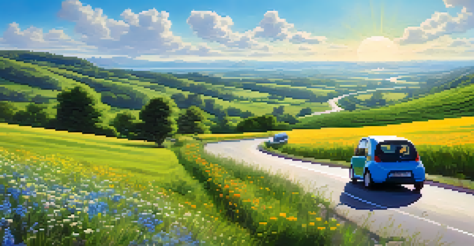 A winding road in a lush green countryside with an electric vehicle driving. The scene is bright and sunny, featuring wildflowers and solar panels.