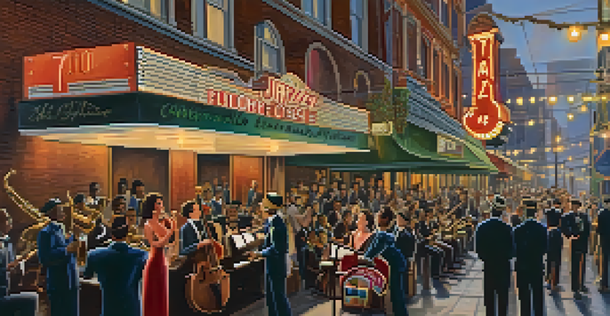 A jazz band performing on stage in the Fillmore District, with musicians and an engaged audience, capturing the essence of 1940s jazz culture.