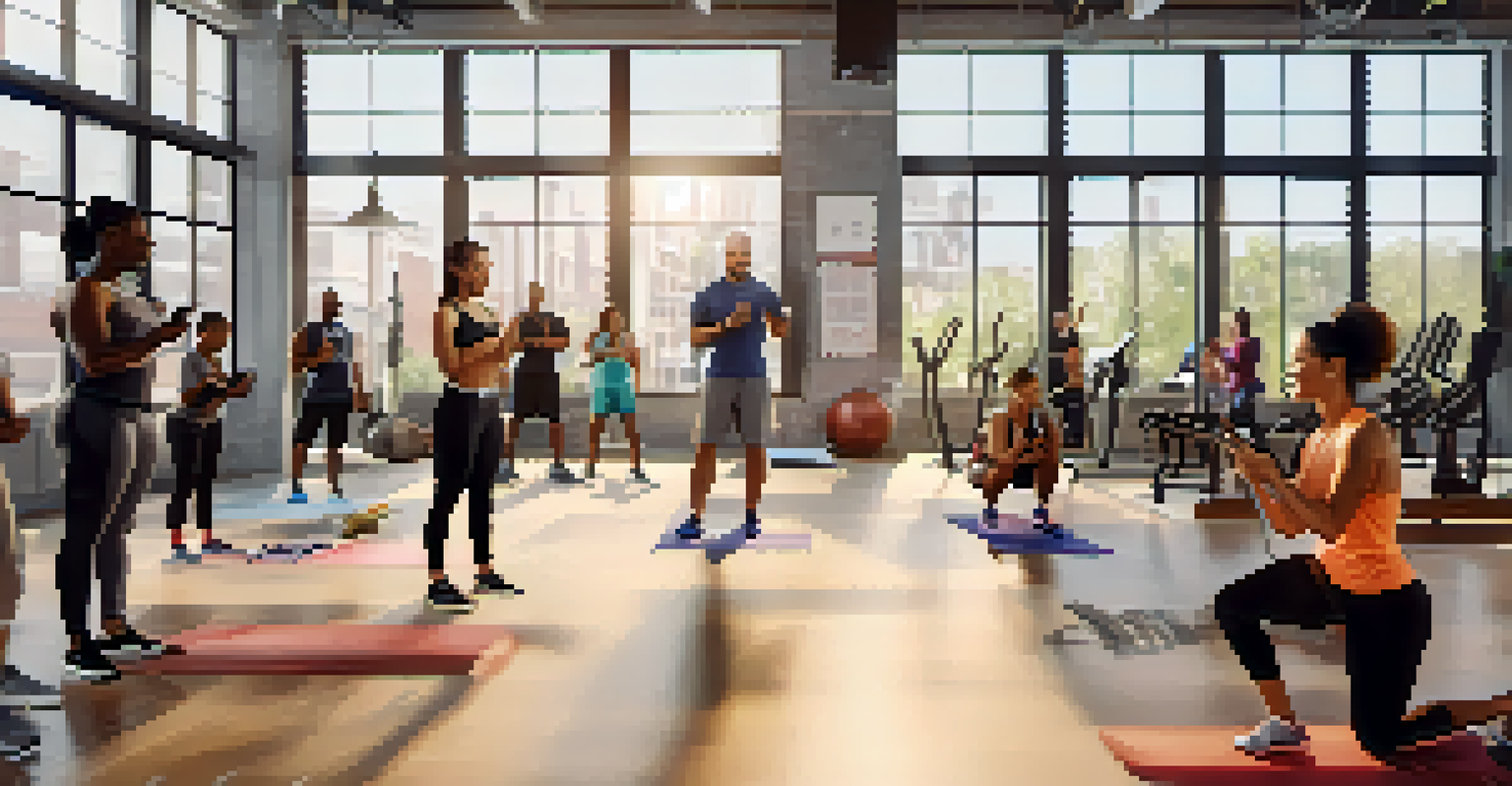 A diverse group of individuals participating in a virtual fitness challenge in a gym.